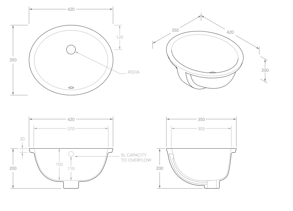 Adp Oval Under Counter Basin, Gloss White